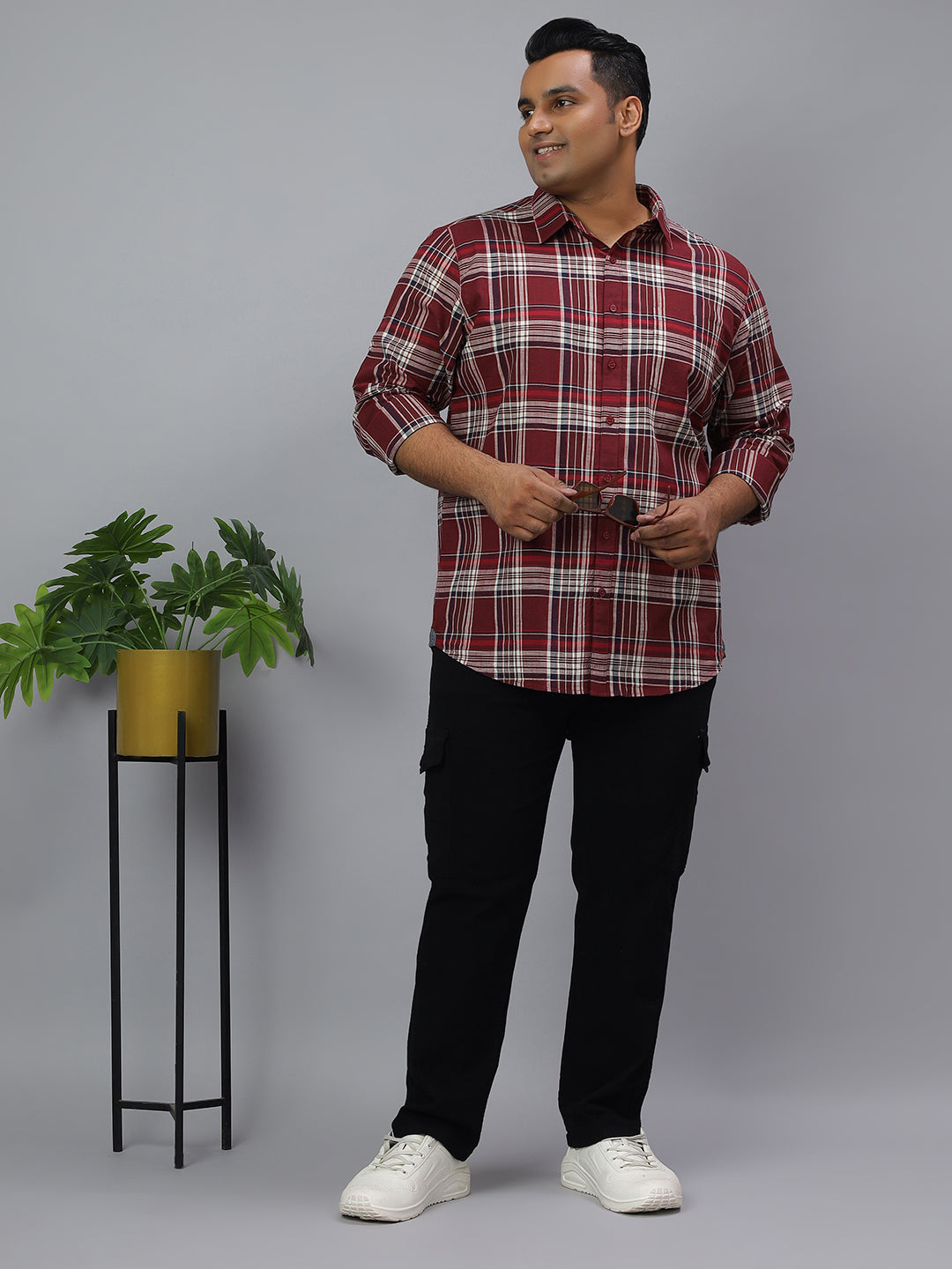 Men Maroon and White Slub Checkered Long Sleeve Cotton Plus Size Casual Shirt