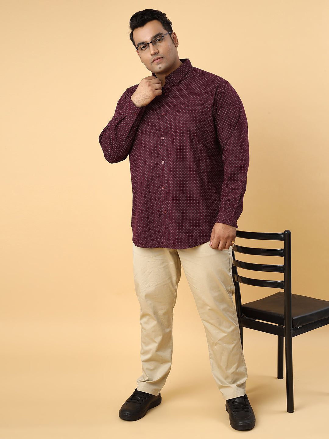 Men Printed Premium Cotton Maroon Smart Casual Plus Size Full Shirt (NC-2K54)