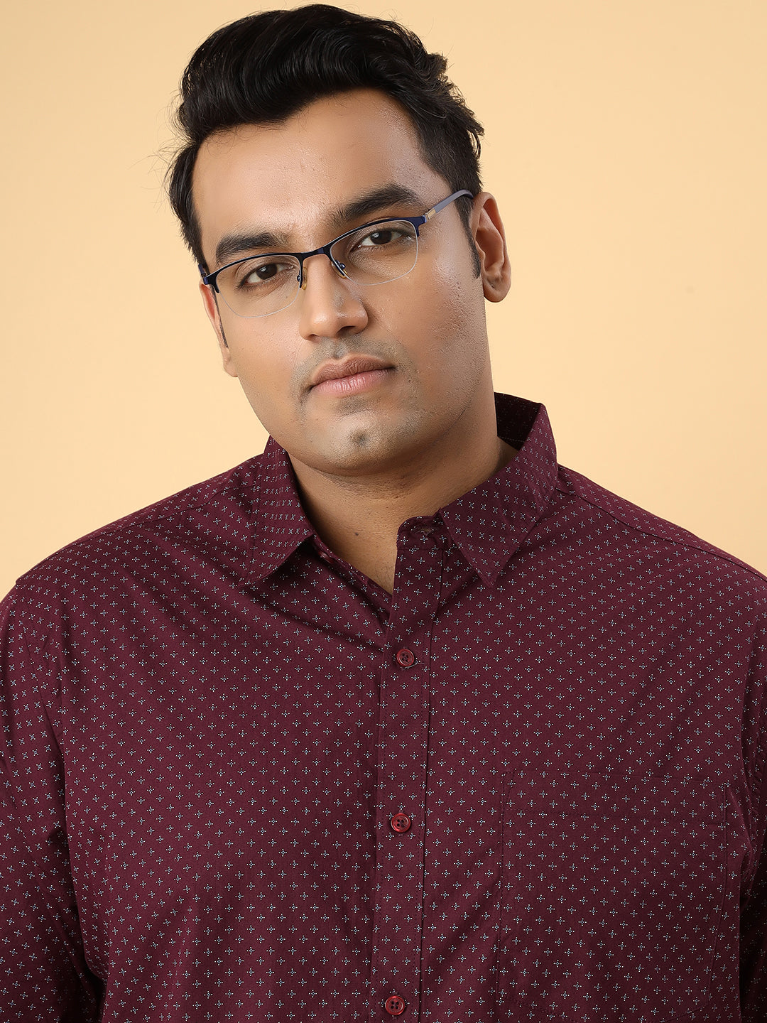 Men Printed Premium Cotton Maroon Smart Casual Plus Size Full Shirt (NC-2K54)