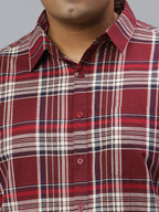 Men Maroon and White Slub Checkered Long Sleeve Cotton Plus Size Casual Shirt