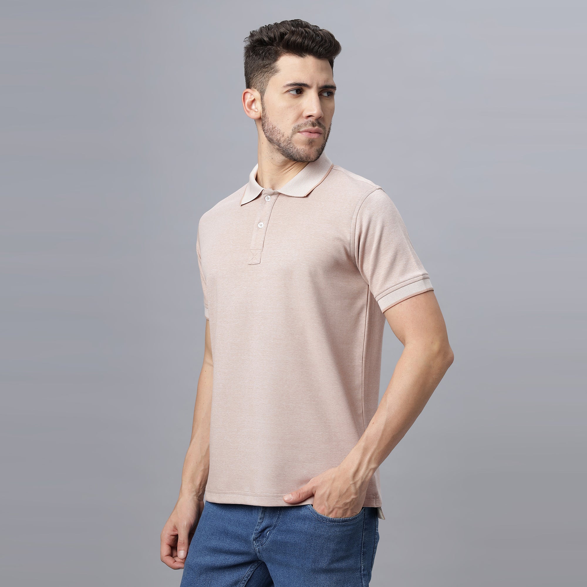 Beige Solid Regular Fit Cotton Lycra Polo Collar T-shirt (NC-109-POLO-BEIGE)