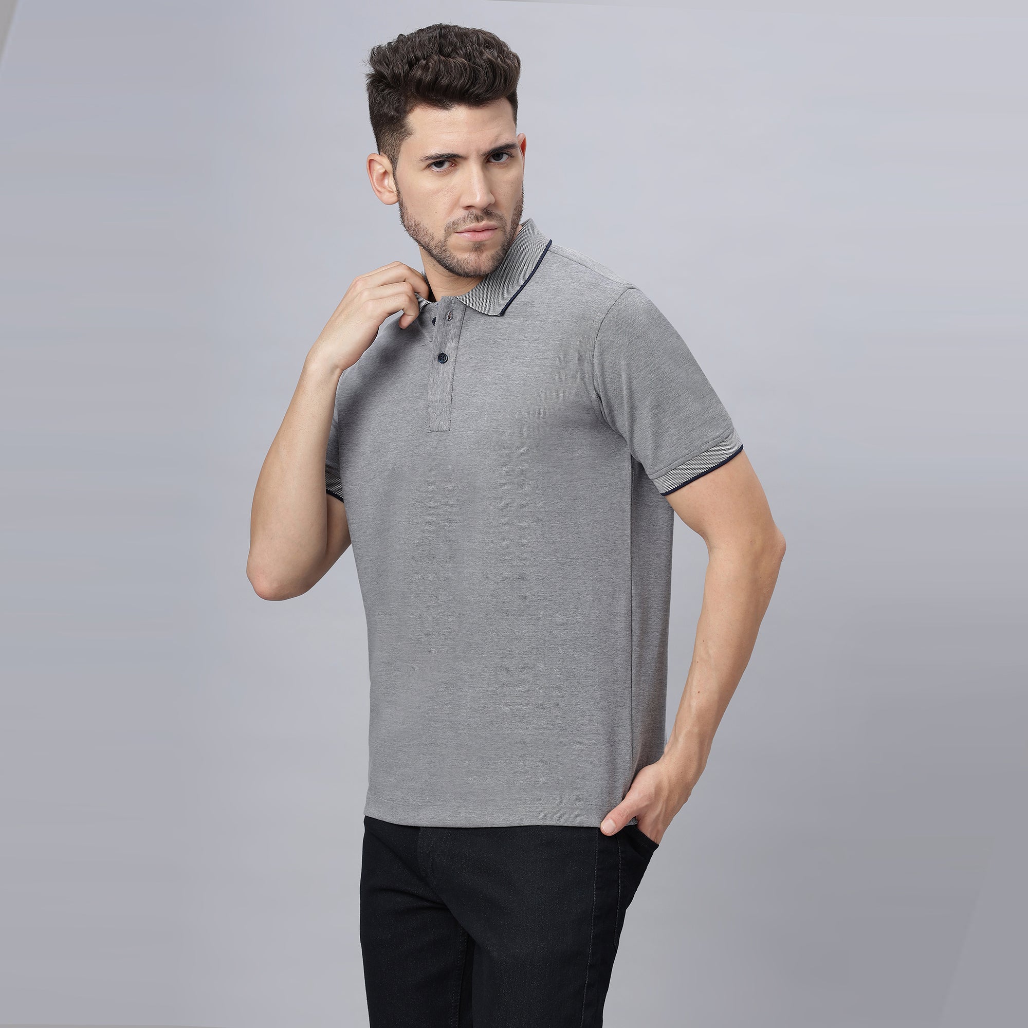 Navy Solid Regular Fit Cotton Lycra Polo Collar T-shirt (NC-109-POLO-NAVY)