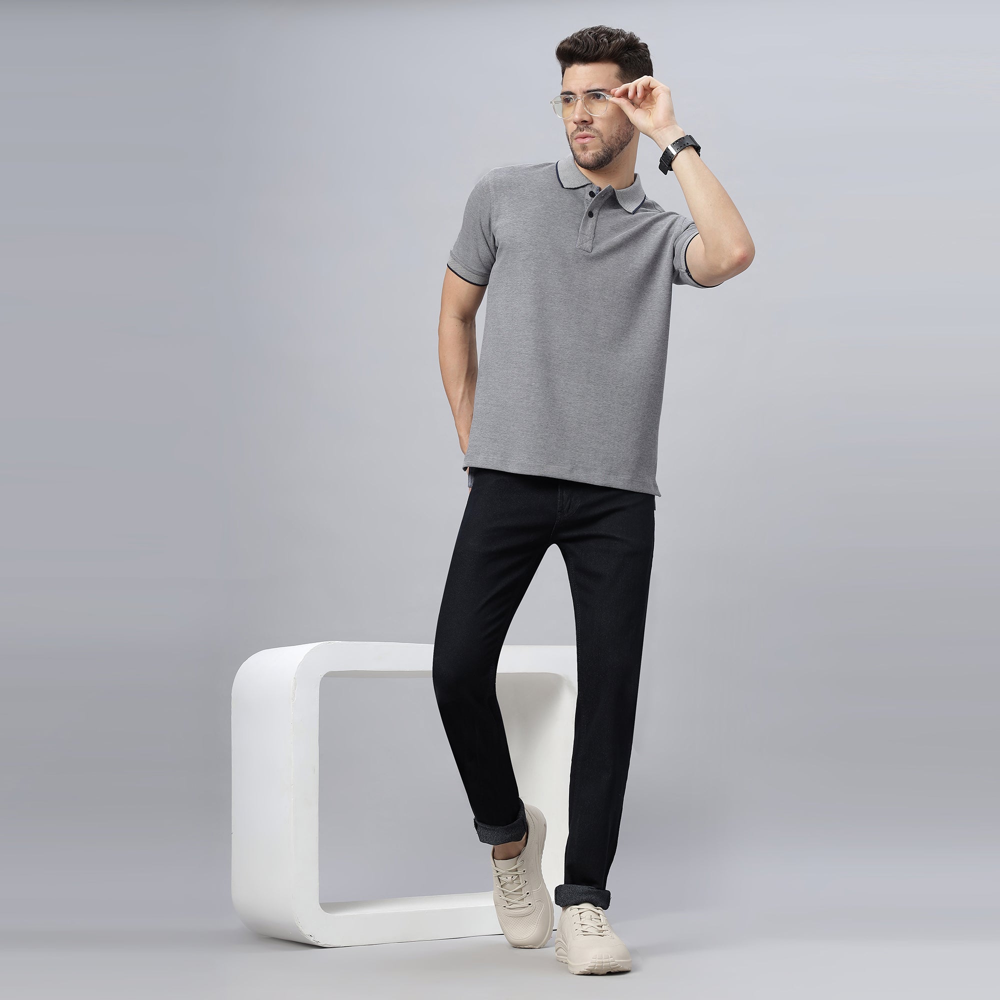 Navy Solid Regular Fit Cotton Lycra Polo Collar T-shirt (NC-109-POLO-NAVY)