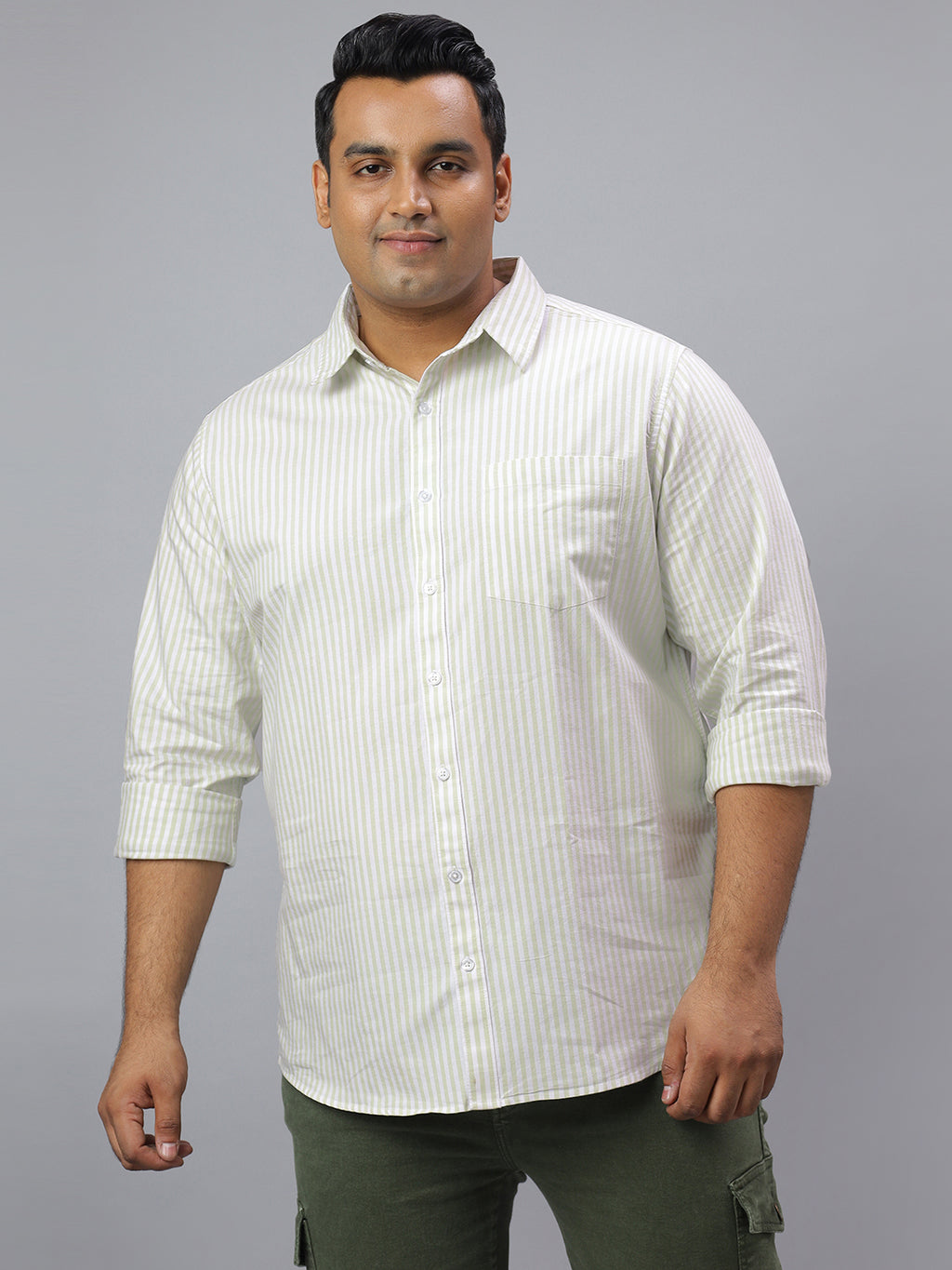 Men Green and White Stripes Long Sleeve Cotton Plus Size Casual Shirt