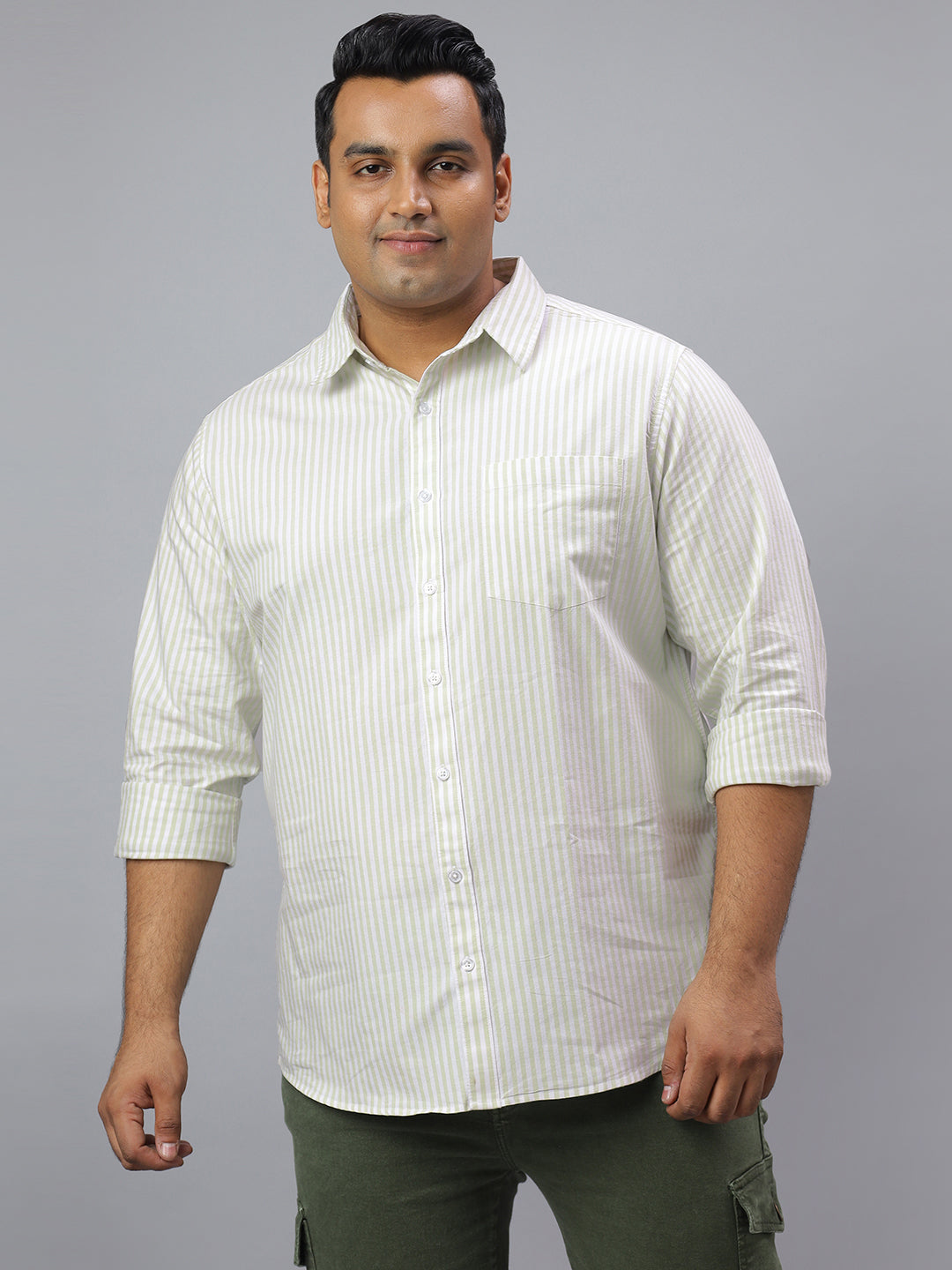 Men Green and White Stripes Long Sleeve Cotton Plus Size Casual Shirt