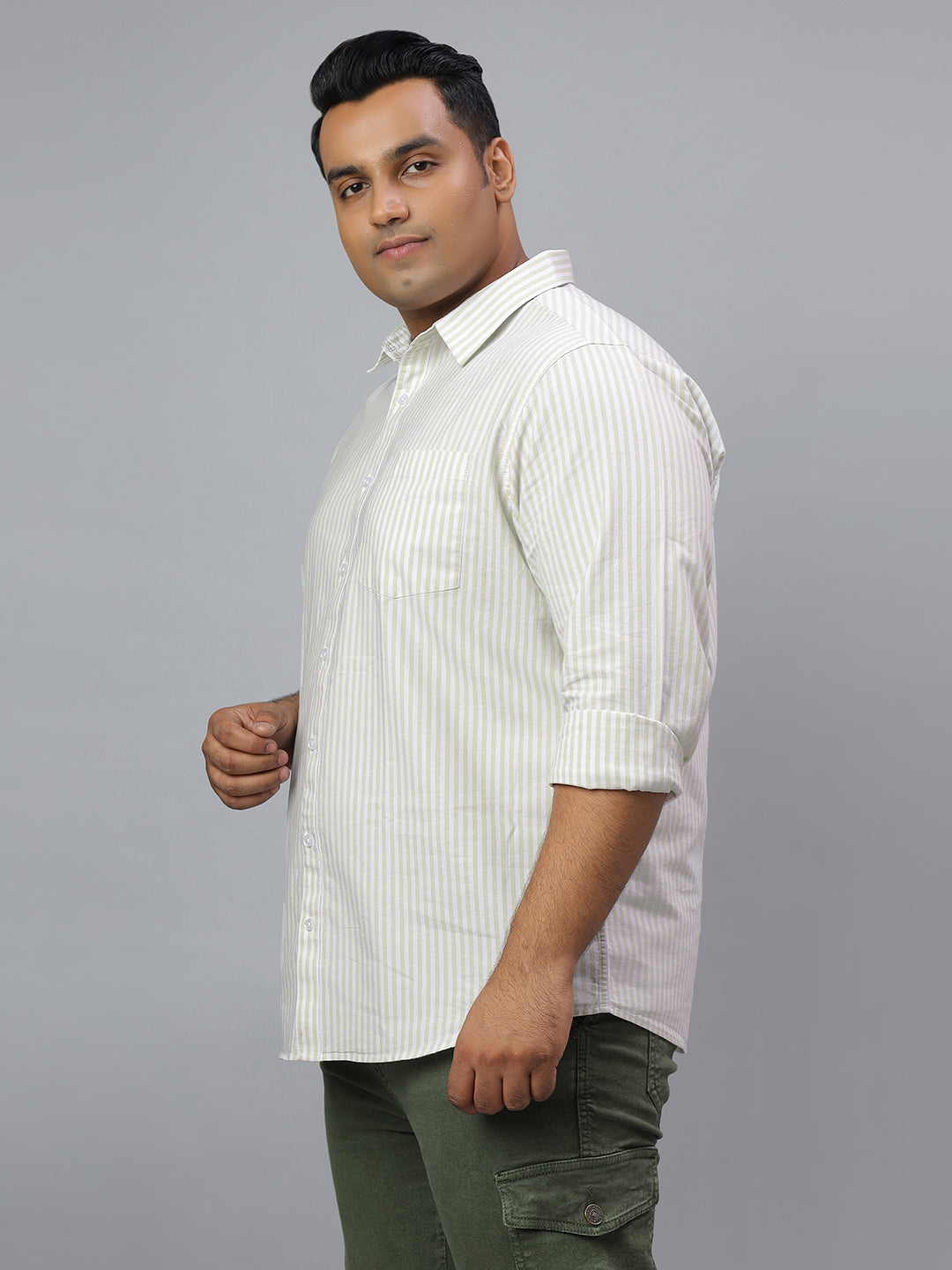 Men Green and White Stripes Long Sleeve Cotton Plus Size Casual Shirt