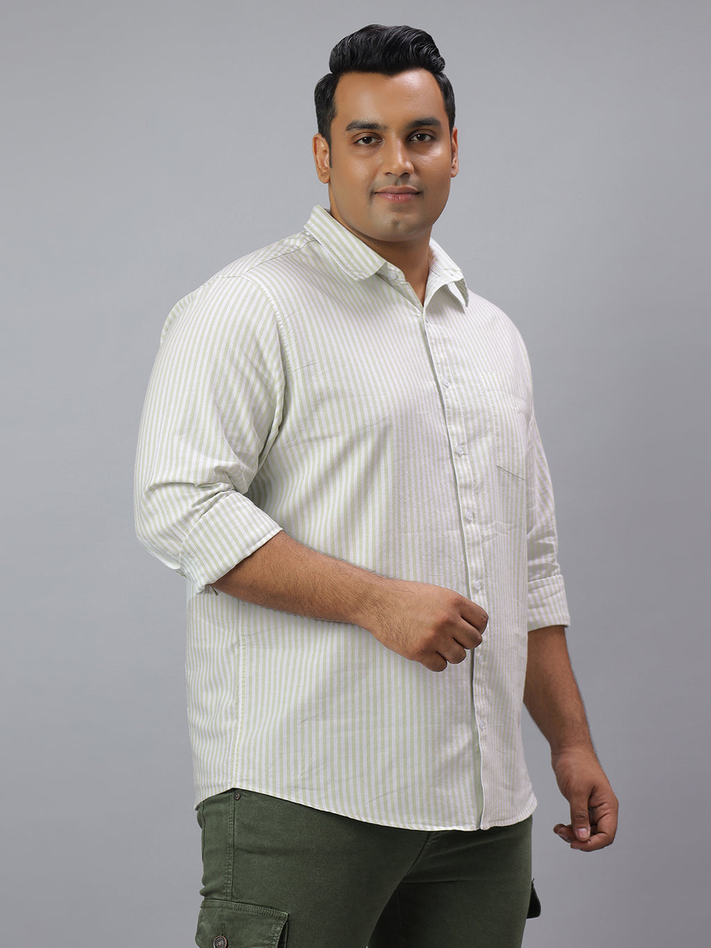 Men Green and White Stripes Long Sleeve Cotton Plus Size Casual Shirt