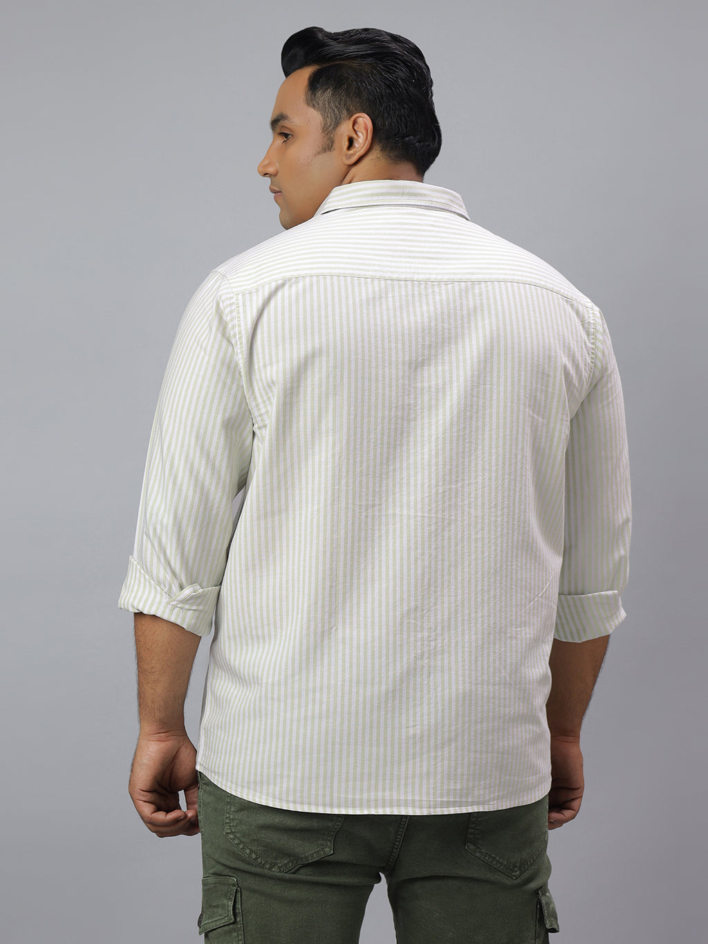 Men Green and White Stripes Long Sleeve Cotton Plus Size Casual Shirt