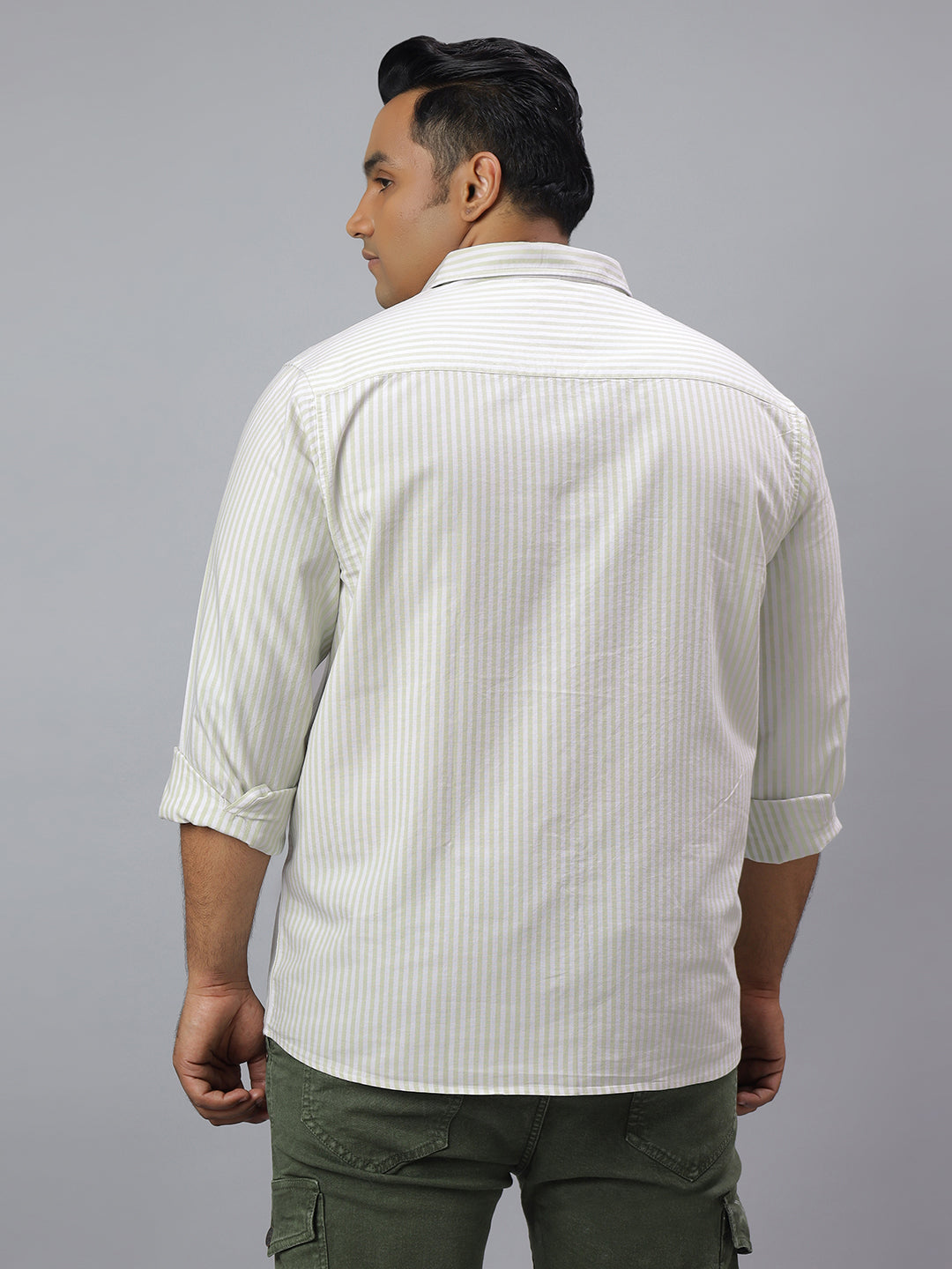 Men Green and White Stripes Long Sleeve Cotton Plus Size Casual Shirt