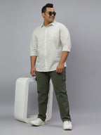 Men Green and White Stripes Long Sleeve Cotton Plus Size Casual Shirt