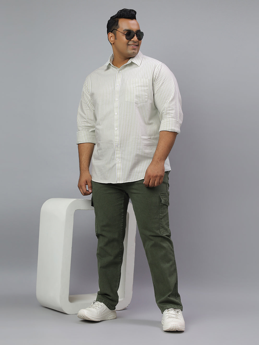 Men Green and White Stripes Long Sleeve Cotton Plus Size Casual Shirt