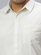 Men Green and White Stripes Long Sleeve Cotton Plus Size Casual Shirt