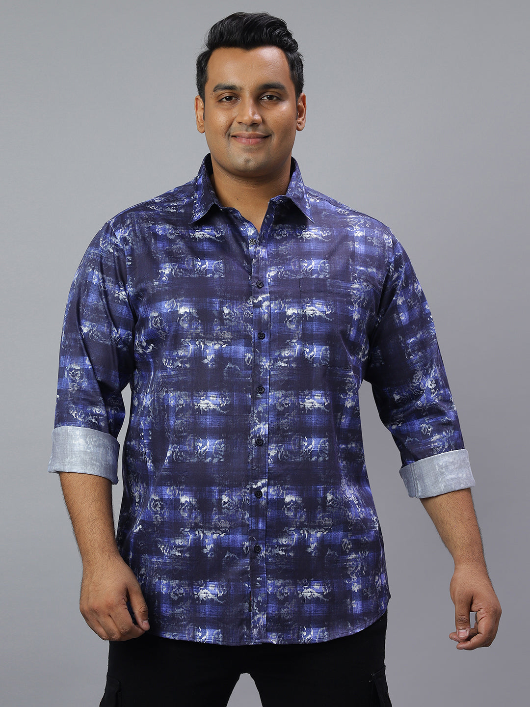 Men Blue Printed Long Sleeve Cotton Plus Size Casual Shirt