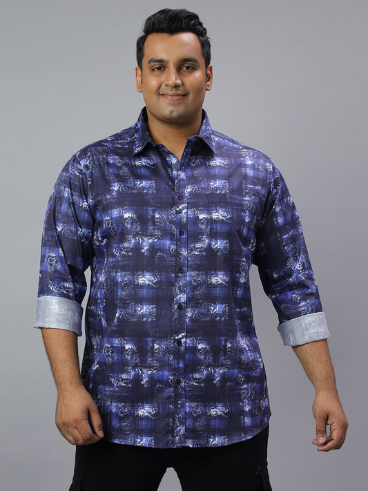 Men Blue Printed Long Sleeve Cotton Plus Size Casual Shirt