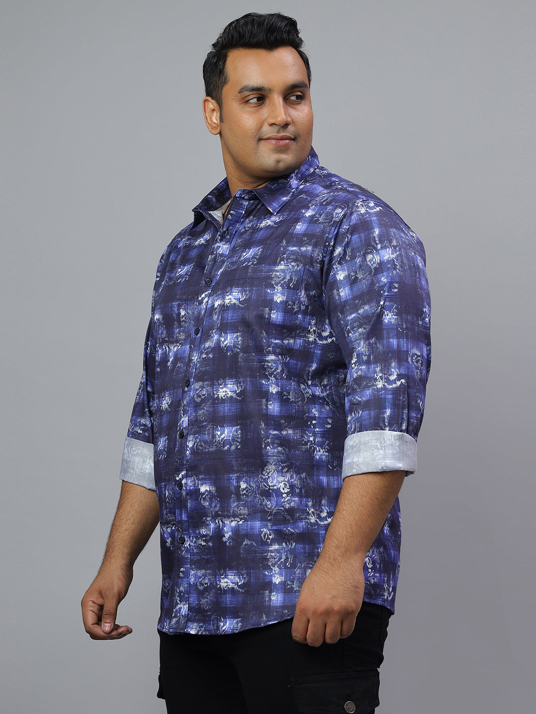 Men Blue Printed Long Sleeve Cotton Plus Size Casual Shirt