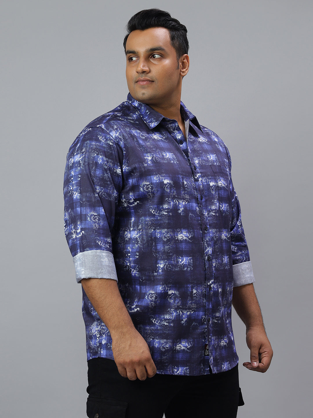 Men Blue Printed Long Sleeve Cotton Plus Size Casual Shirt