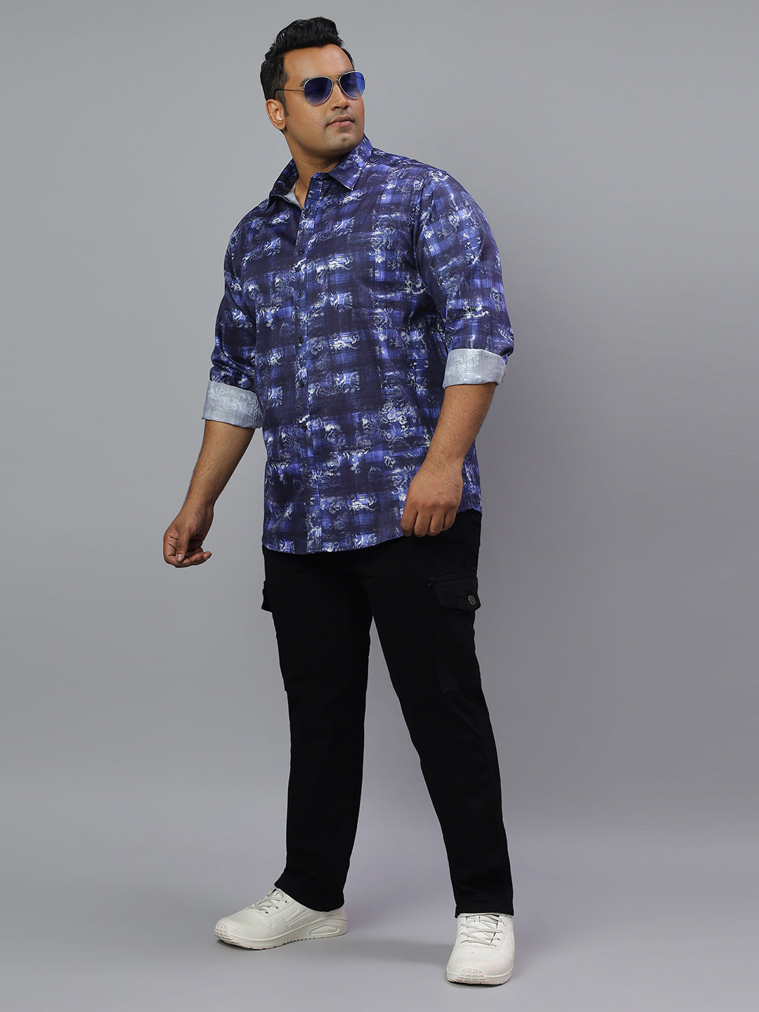 Men Blue Printed Long Sleeve Cotton Plus Size Casual Shirt