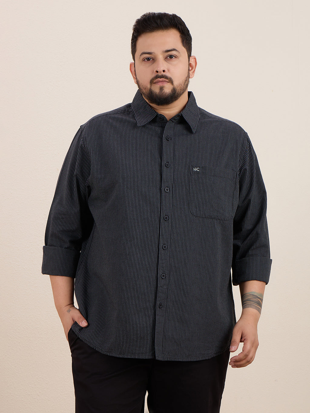 Plus Size Cotton Stripes Shirt 1 Pocket Regular Fit Smart Casual Shirt , Style-1270-Black
