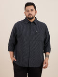 Plus Size Cotton Stripes Shirt 1 Pocket Regular Fit Smart Casual Shirt , Style-1270-Black
