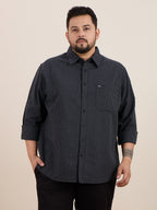 Plus Size Cotton Stripes Shirt 1 Pocket Regular Fit Smart Casual Shirt , Style-1270-Black