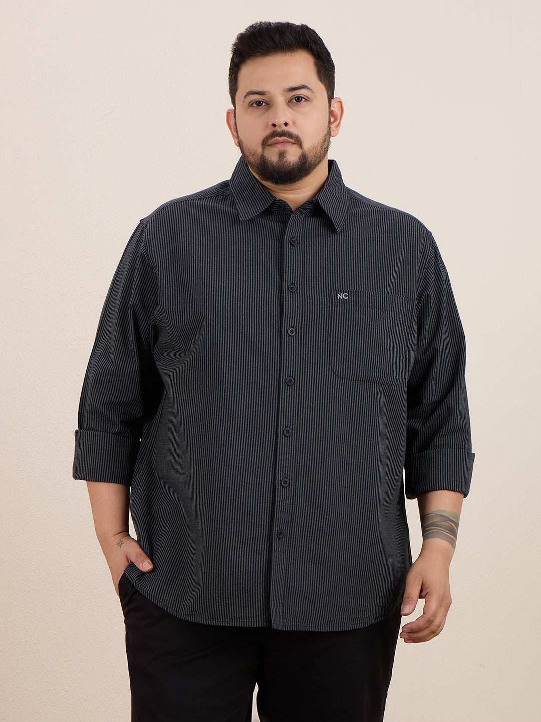 Plus Size Cotton Stripes Shirt 1 Pocket Regular Fit Smart Casual Shirt , Style-1270-Black