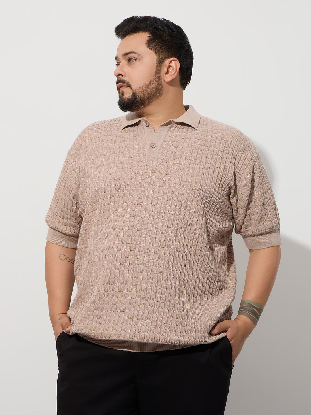 Flat Knit Half sleeve Polo Ribbed T Shirt - Style- NC-Plus-129-Coco