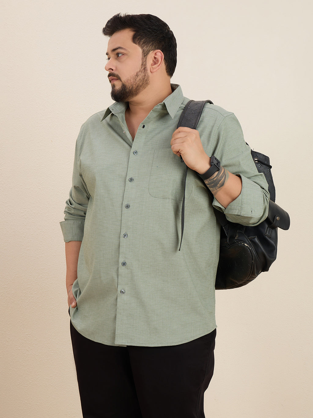 Plus Size Cotton 1 Pocket Regular Fit Smart Casual Shirt - Olive