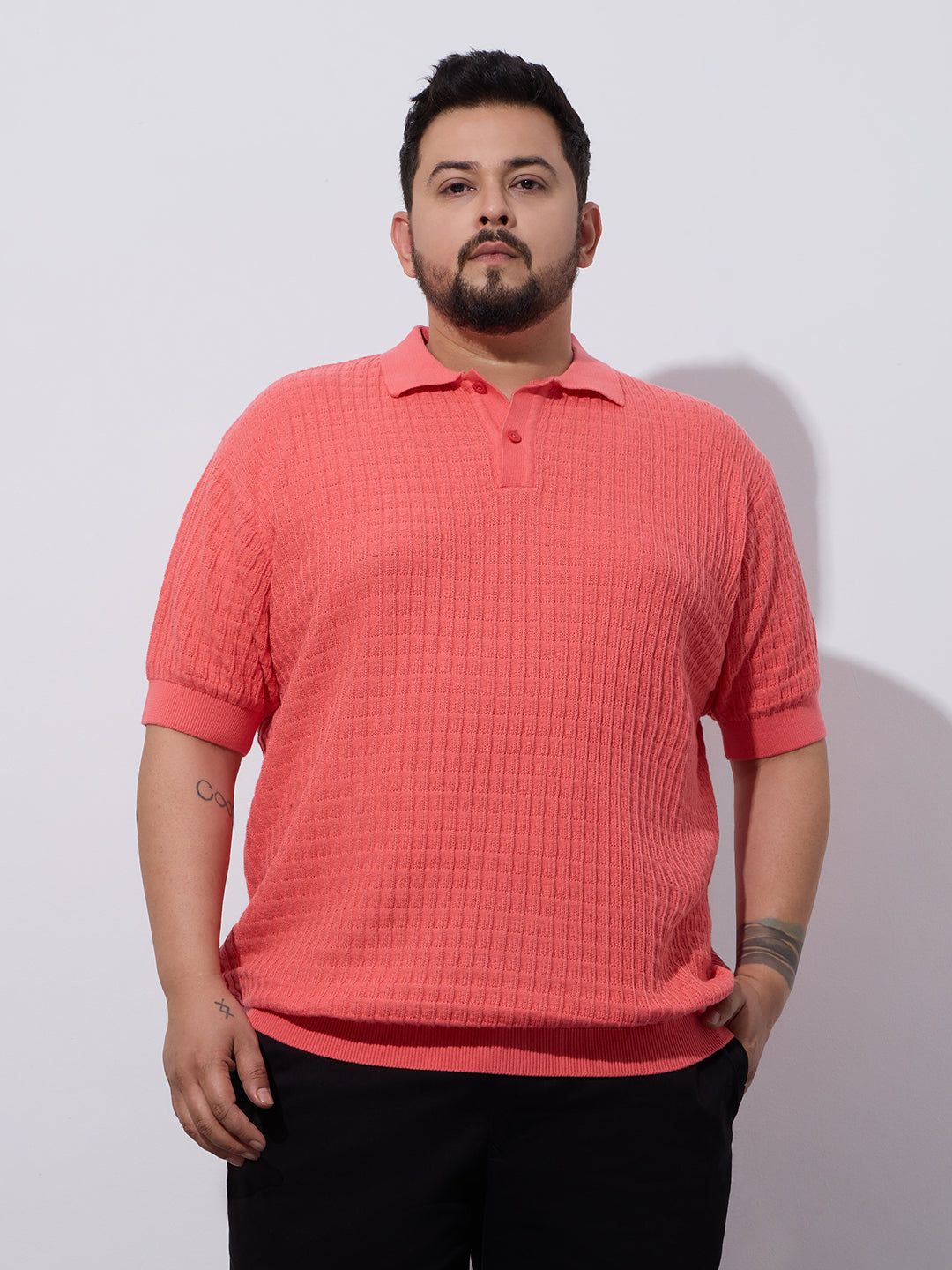 Flat Knit Half sleeve Polo Ribbed T Shirt -Style- NC-Plus-129-Carrot