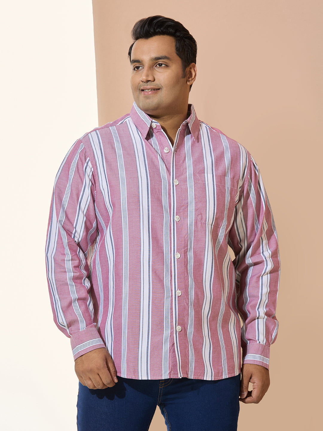 Men Cotton Stripe 1 Pocket Regular Fit Smart Casual Shirt - Maroon