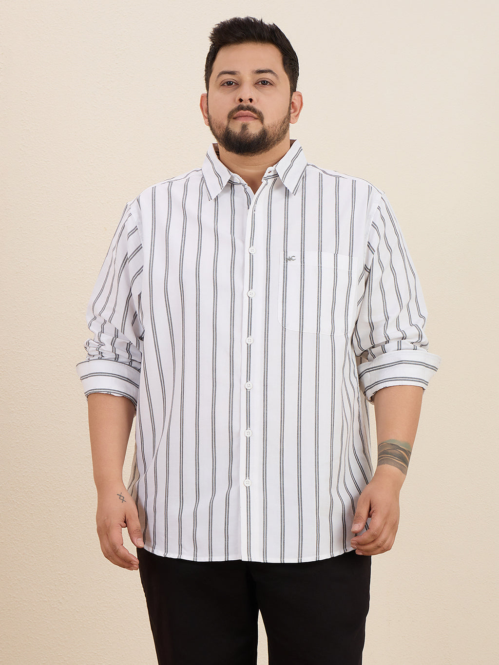 Plus Size Cotton Stripes Shirt 1 Pocket Regular Fit Smart Casual Shirt, Style- Plus-1266-White