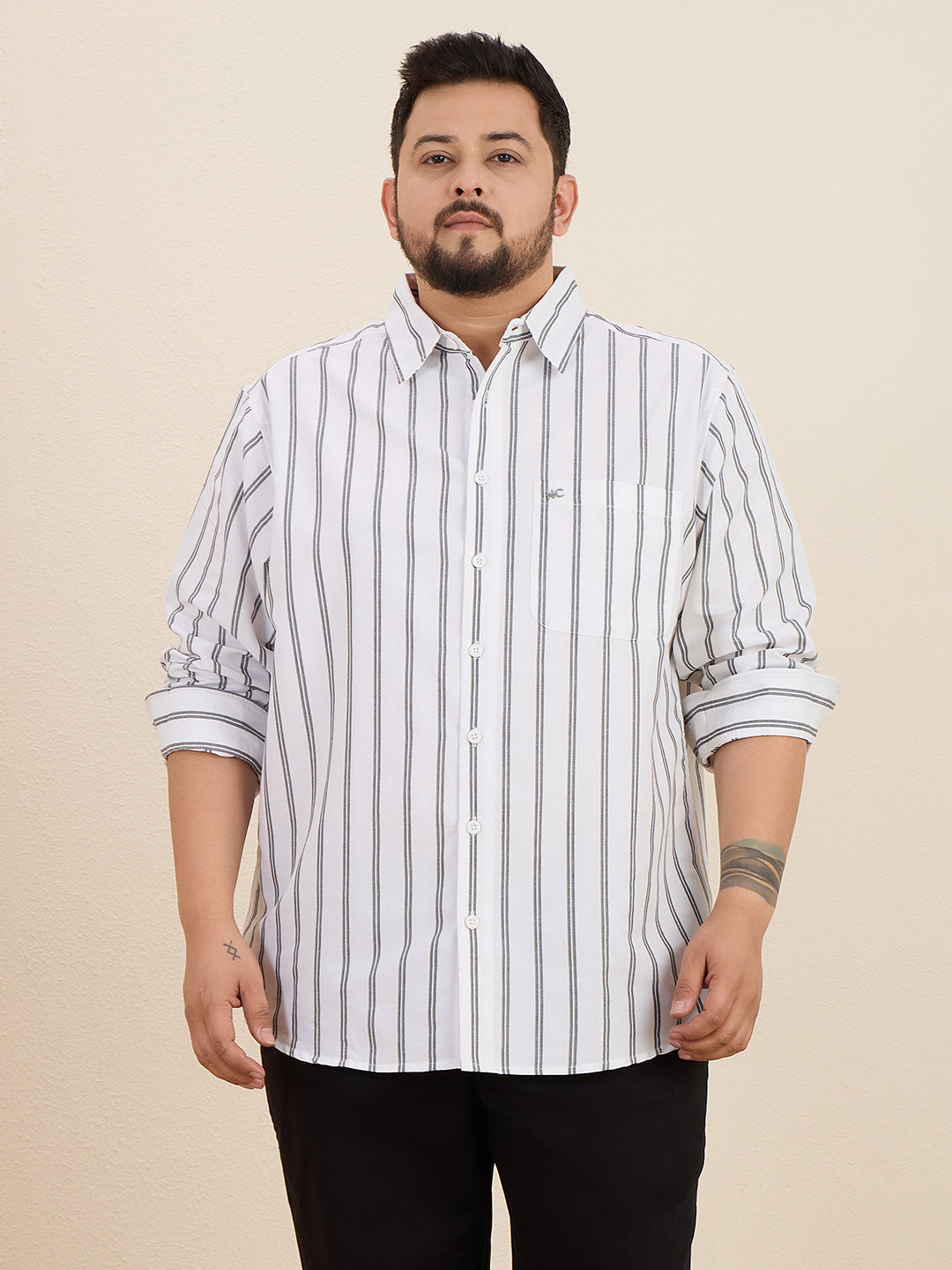 Plus Size Cotton Stripes Shirt 1 Pocket Regular Fit Smart Casual Shirt, Style- Plus-1266-White