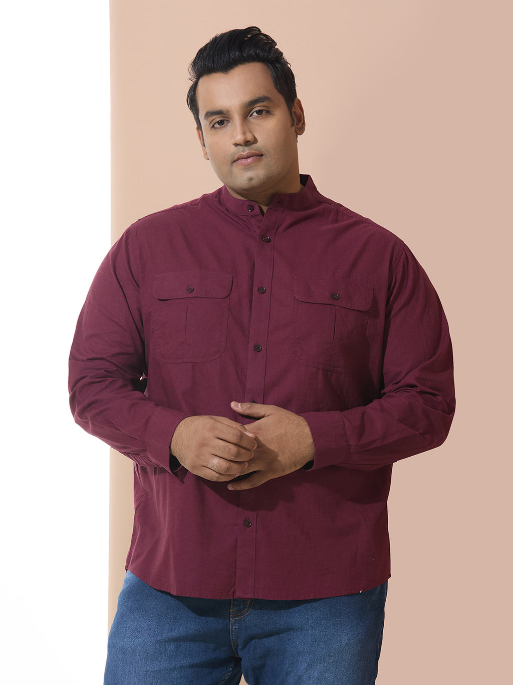 Men Cotton Linen 2 Pocket Regular Fit Smart Casual Shirt - Style- NC-2k53-Wine