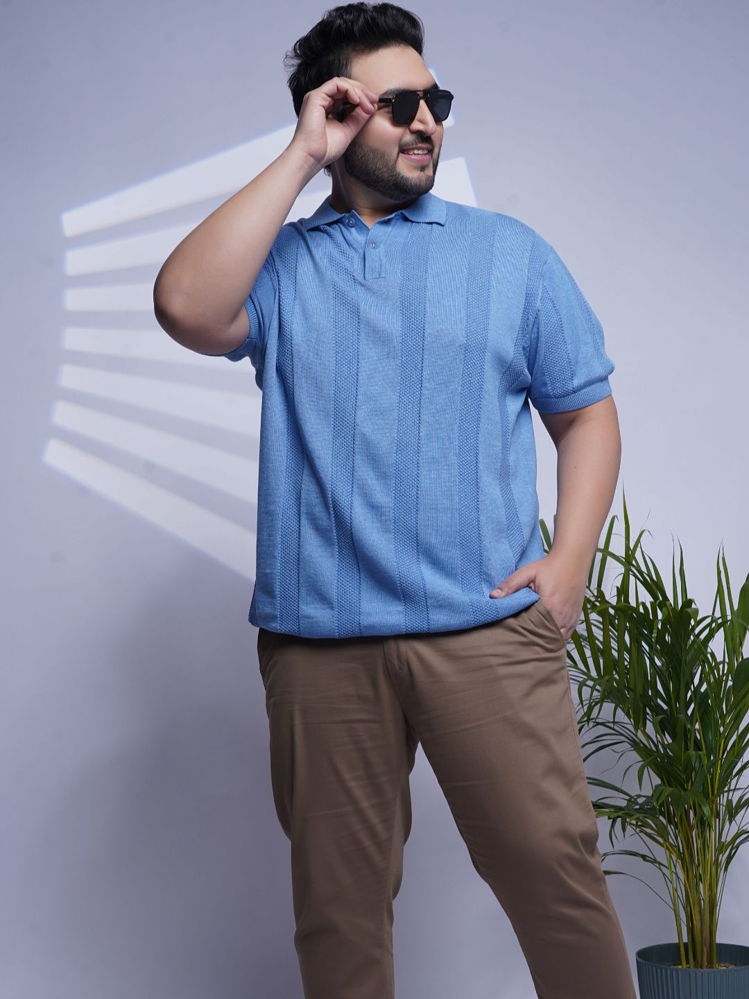 Flat Knit Half sleeve Polo Ribbed T Shirt - 125-Skyblue