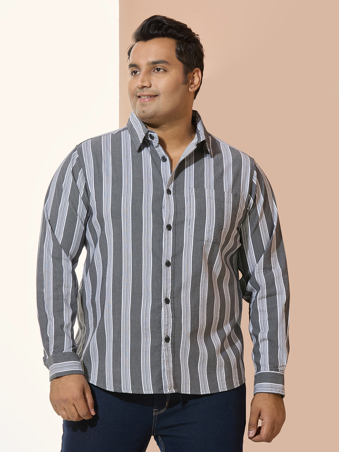 Men Cotton Stripe 1 Pocket Regular Fit Smart Casual Shirt  - GreyWhite