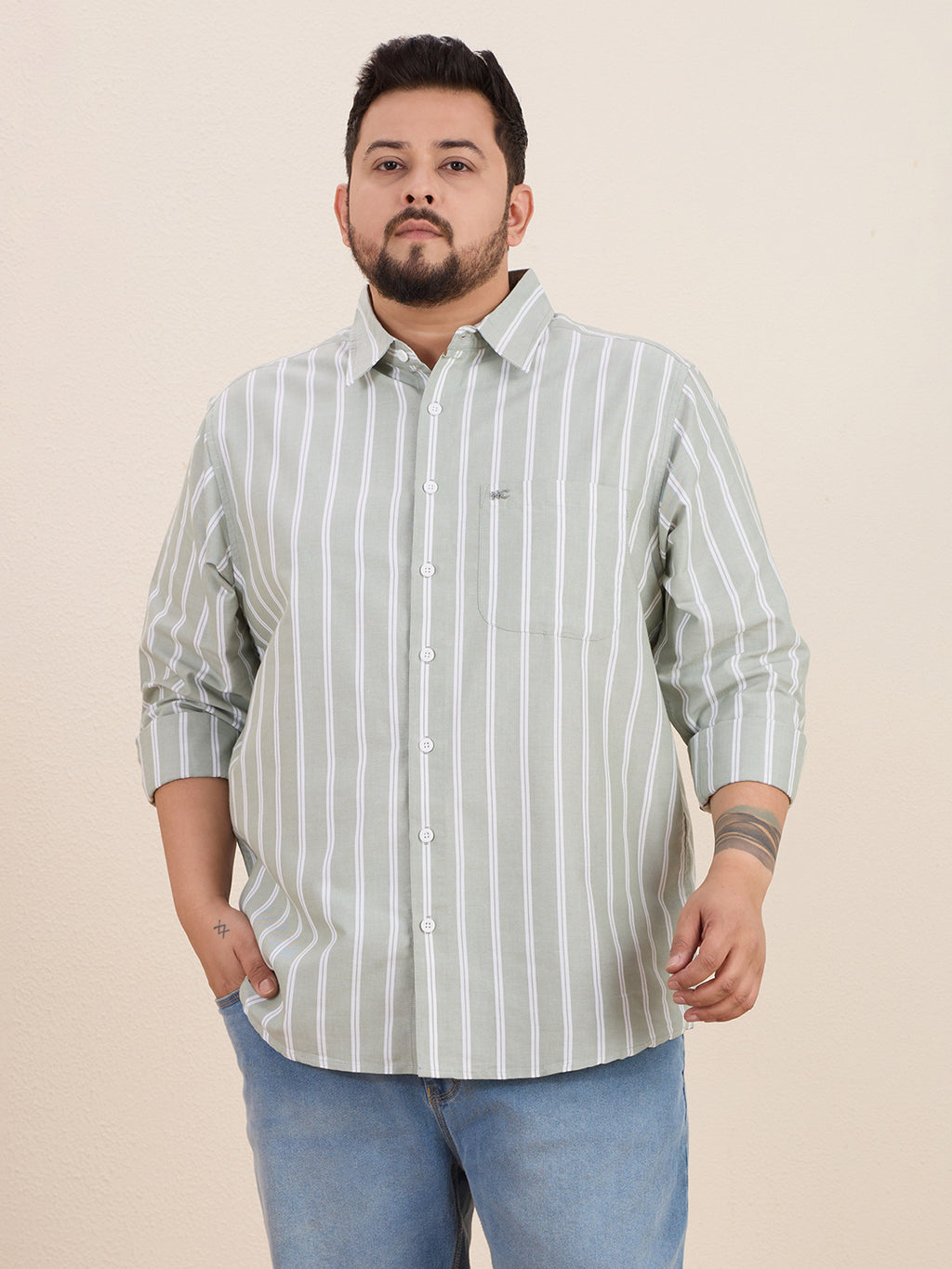 Plus Size Cotton Stripes Shirt 1 Pocket Regular Fit Smart Casual Shirt, Style- Plus-1266-Sage Green