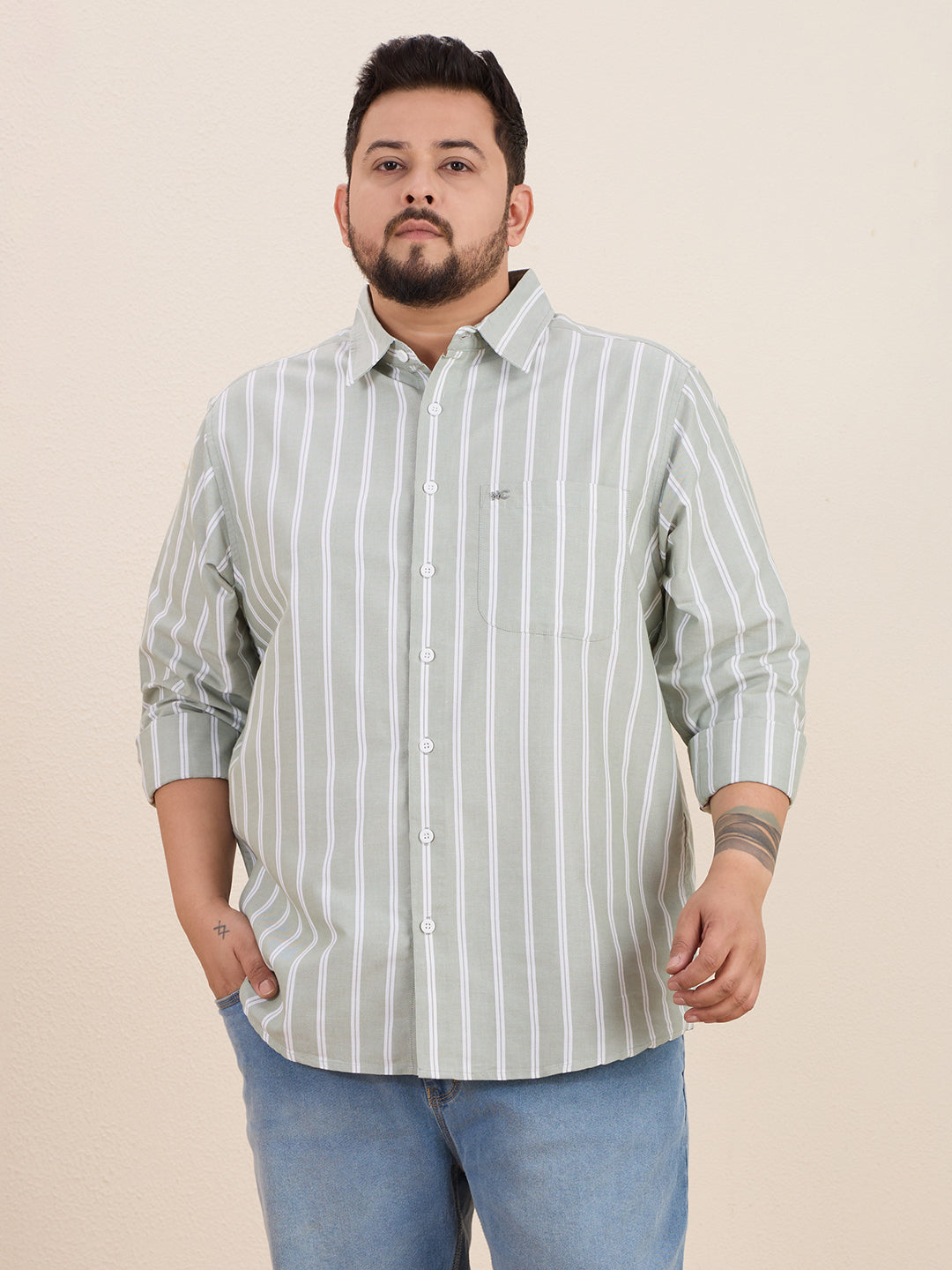 Plus Size Cotton Stripes Shirt 1 Pocket Regular Fit Smart Casual Shirt, Style- Plus-1266-Sage Green