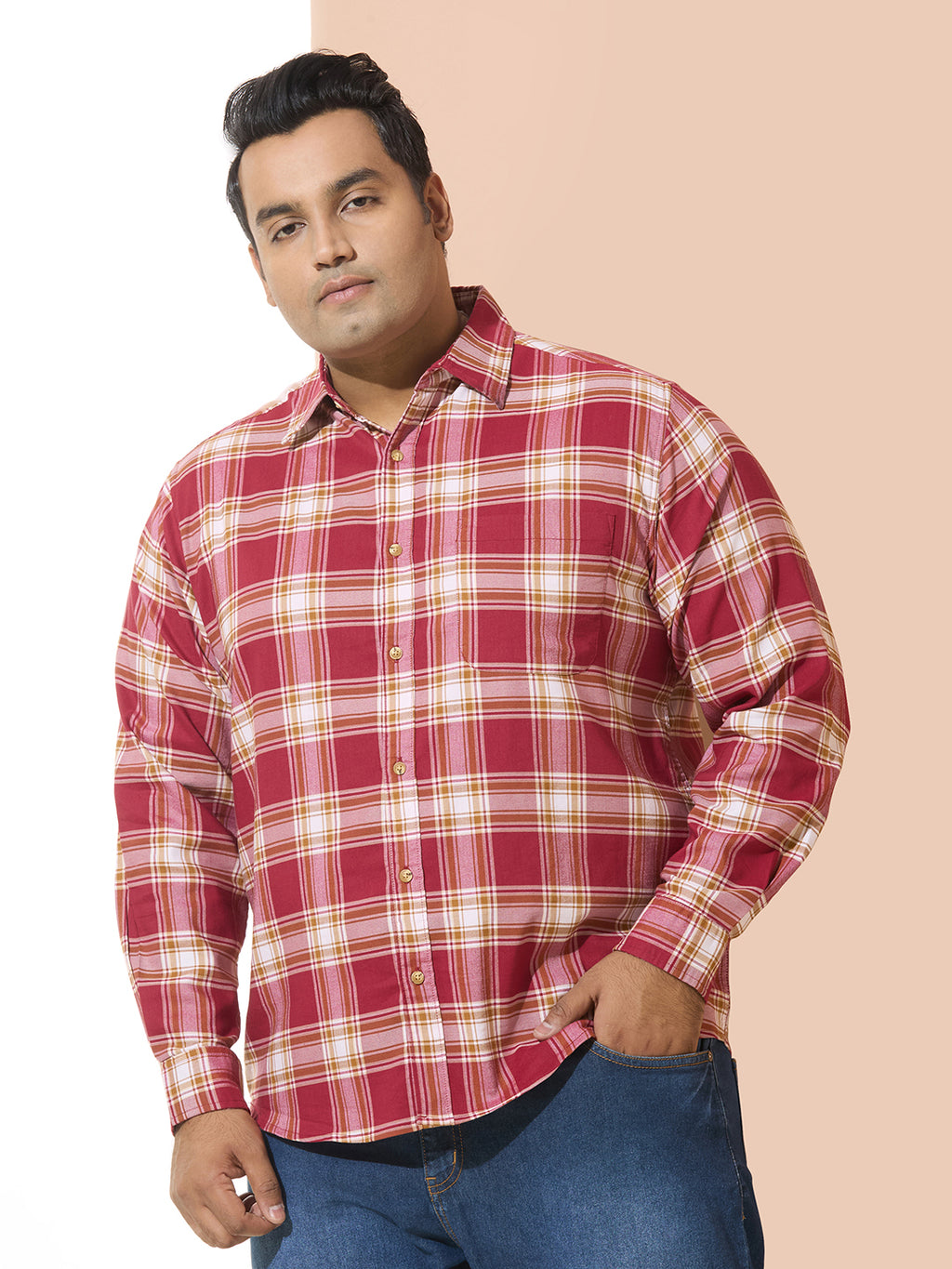 Men Cotton Checks 1 Pocket Regular Fit Smart Casual Shirt - Red