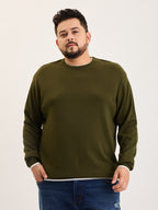 Flat Knit Full Sleeve Polo Ribbed T Shirt  - Olive Green - Style 133