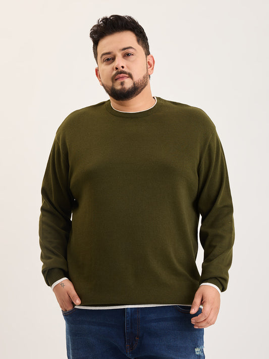 Flat Knit Full Sleeve Polo Ribbed T Shirt  - Olive Green - Style 133