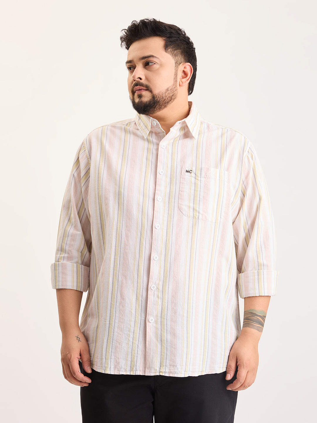 Plus Size Cotton 1 Pocket Regular Fit Smart Casual Shirt  - Yellow-White - Style 1267