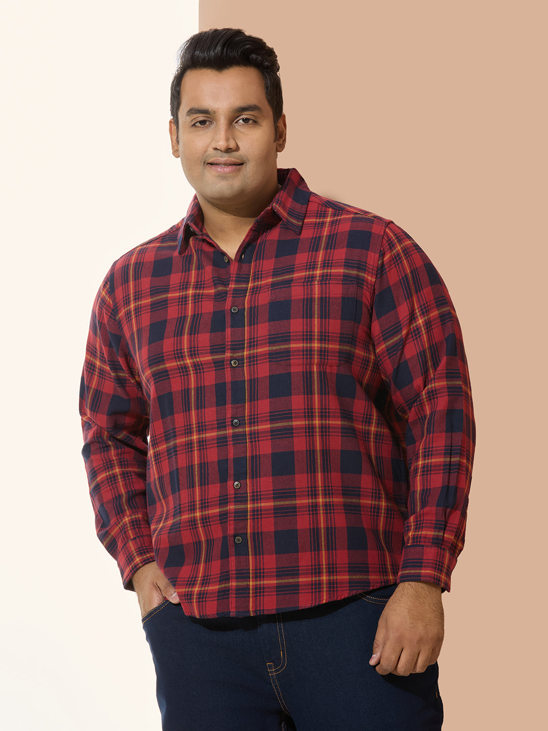 Men Cotton Checks 1 Pocket Regular Fit Smart Casual Shirt - Red