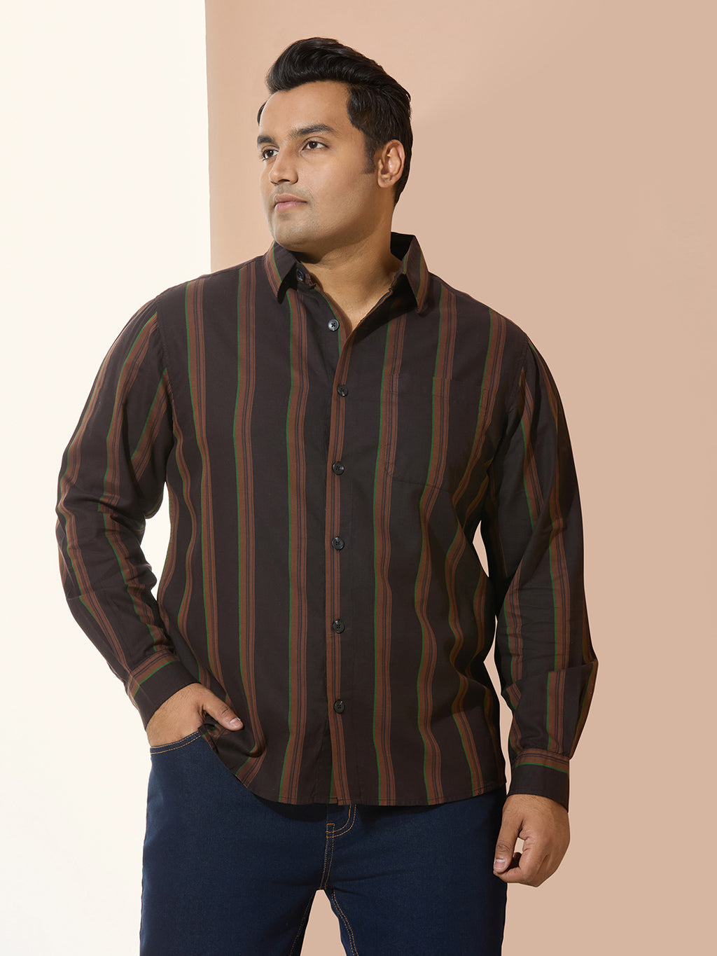Men Cotton Stripe 1 Pocket Regular Fit Smart Casual Shirt - BrownGreen