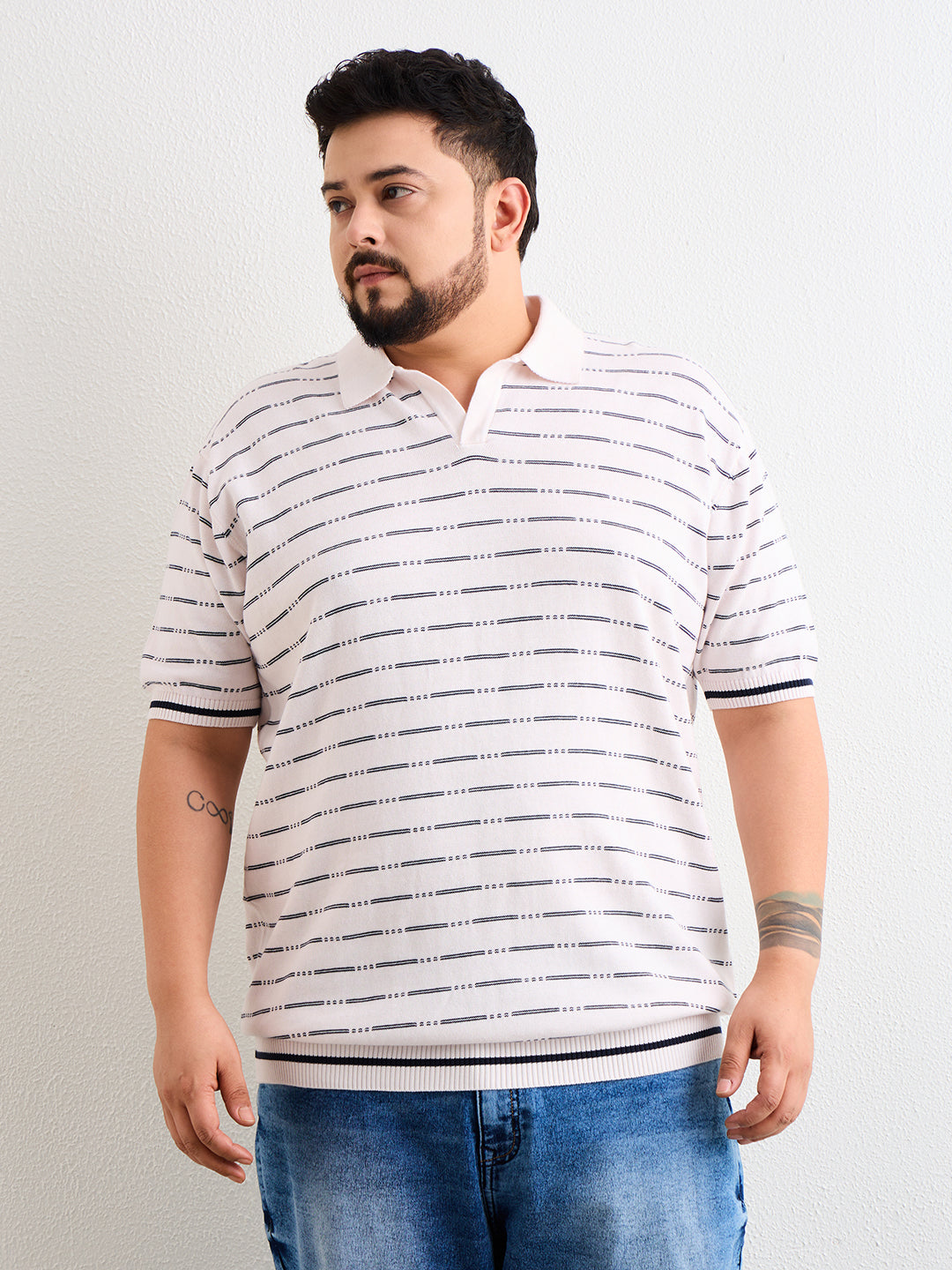 Neon Chillie Men's Plus Size Half Sleeve Polo Ribbed T Shirt - 150-Cream