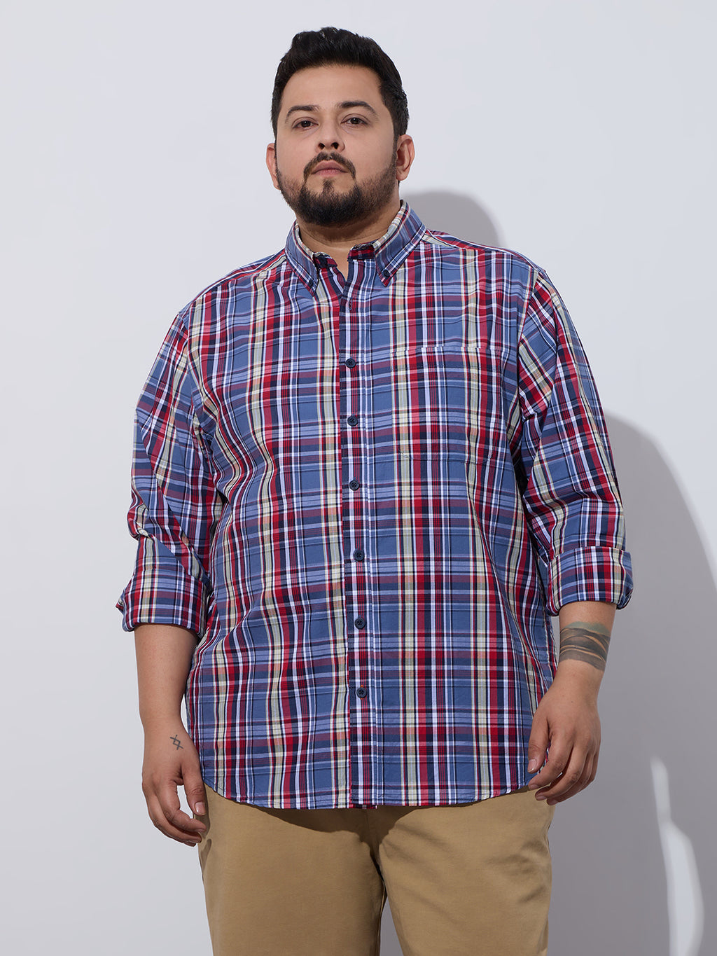 Plus Size Cotton Checks Shirt 1 Pocket Regular Fit Smart Casual Shirt, Style- Plus-1263-Red
