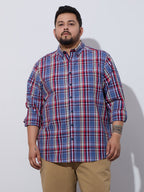 Plus Size Cotton Checks Shirt 1 Pocket Regular Fit Smart Casual Shirt, Style- Plus-1263-Red