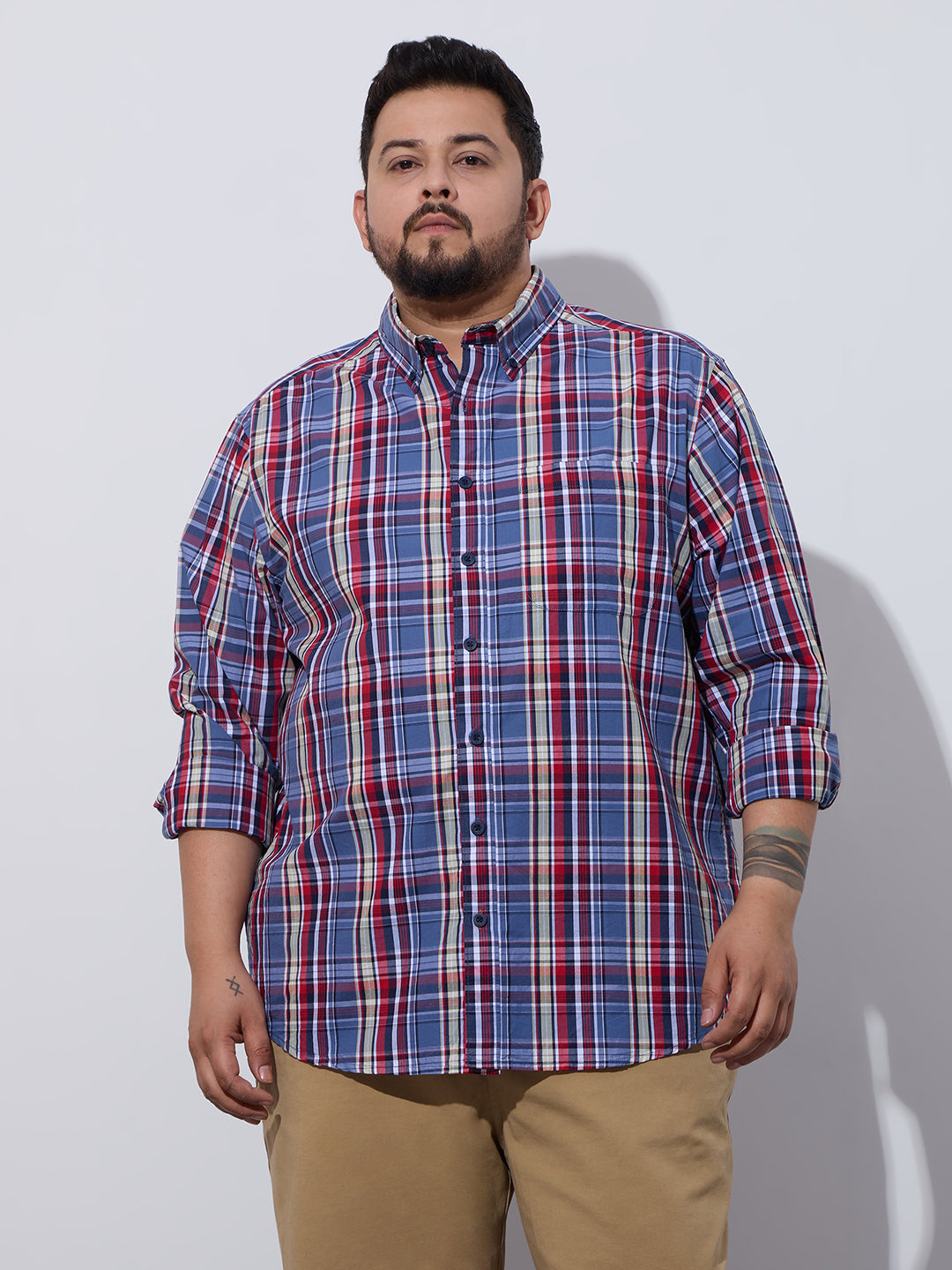 Plus Size Cotton Checks Shirt 1 Pocket Regular Fit Smart Casual Shirt, Style- Plus-1263-Red