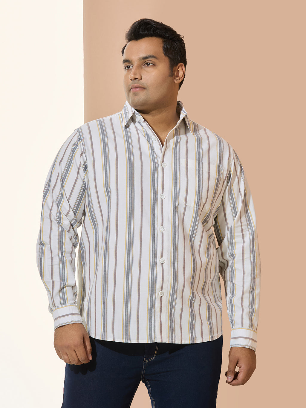 Men Cotton Stripe 1 Pocket Regular Fit Smart Casual Shirt - WhiteYelllow