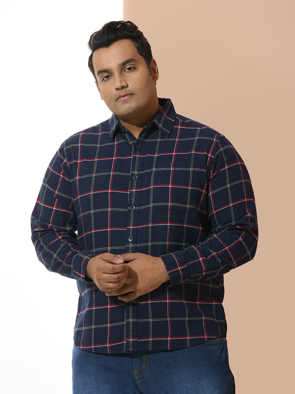 Men Cotton Checks 1 Pocket Regular Fit Smart Casual Shirt - Navyred