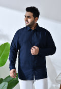 Men Cotton Linen Navy Blue 1 Pocket Solid Color Regular Fit Smart Casual Shirt (Style Code-2k20)