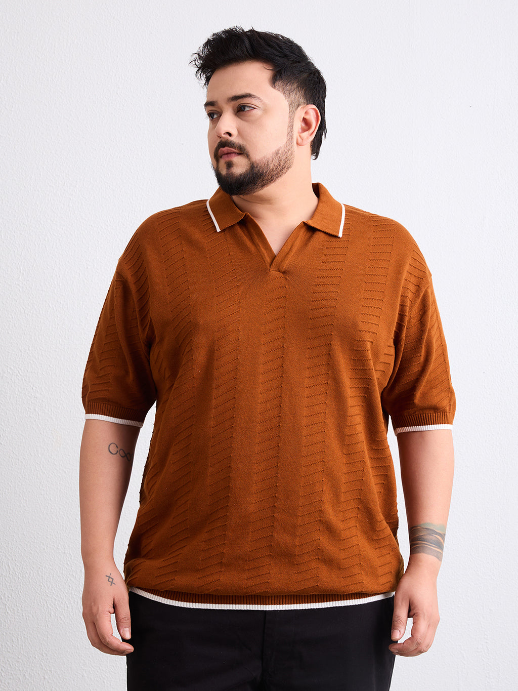Flat Knit Half Sleeve Polo Ribbed T Shirt  - Rust - Style 138-Rust